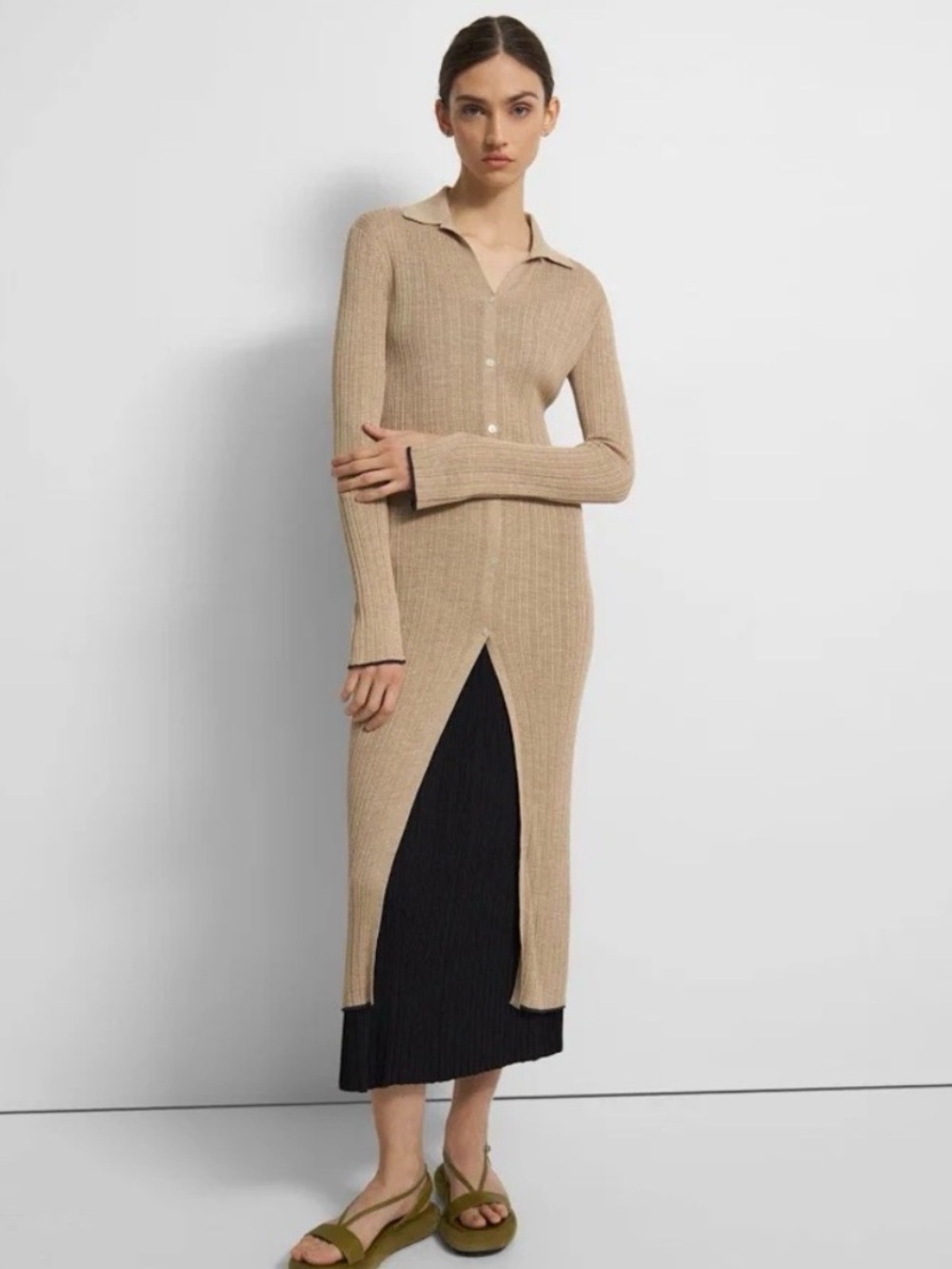 Theory Ribbed Cardigan Midi Dress Washable Silk. NWOT. Size P.